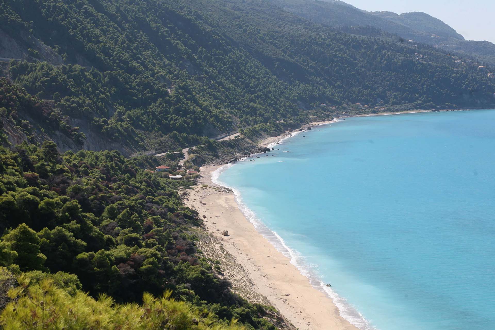 Η μεγάλη, εκτεταμένη παραλία Πευκούλια στη Λευκάδα, όπου τα καταπράσινα πεύκα συναντούν το τυρκουάζ Ιόνιο Πέλαγος.