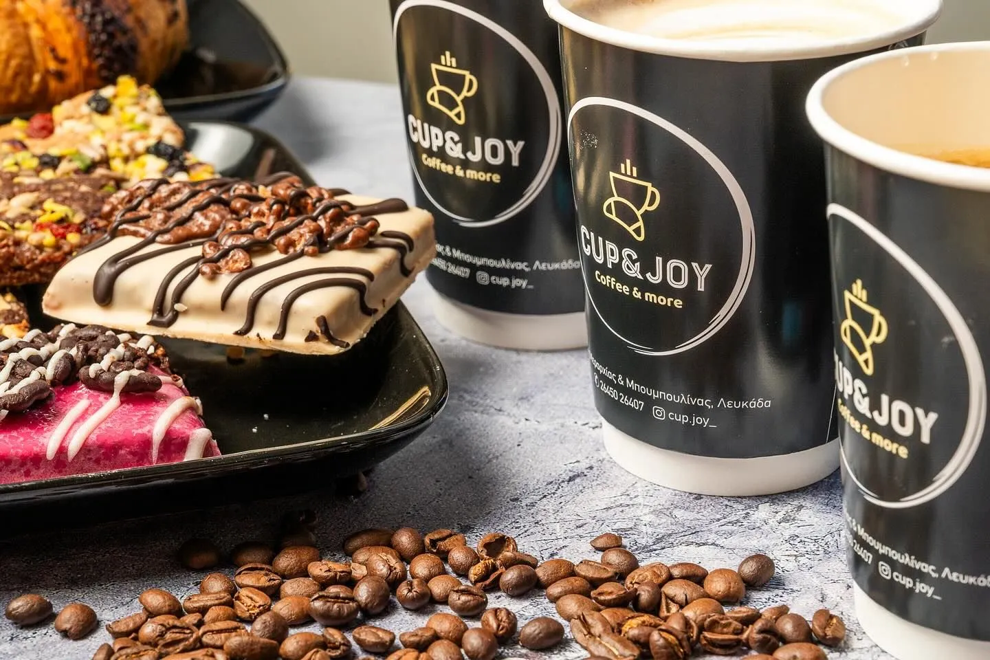 Freshly brewed coffee at Cup & Joy in Lefkada.