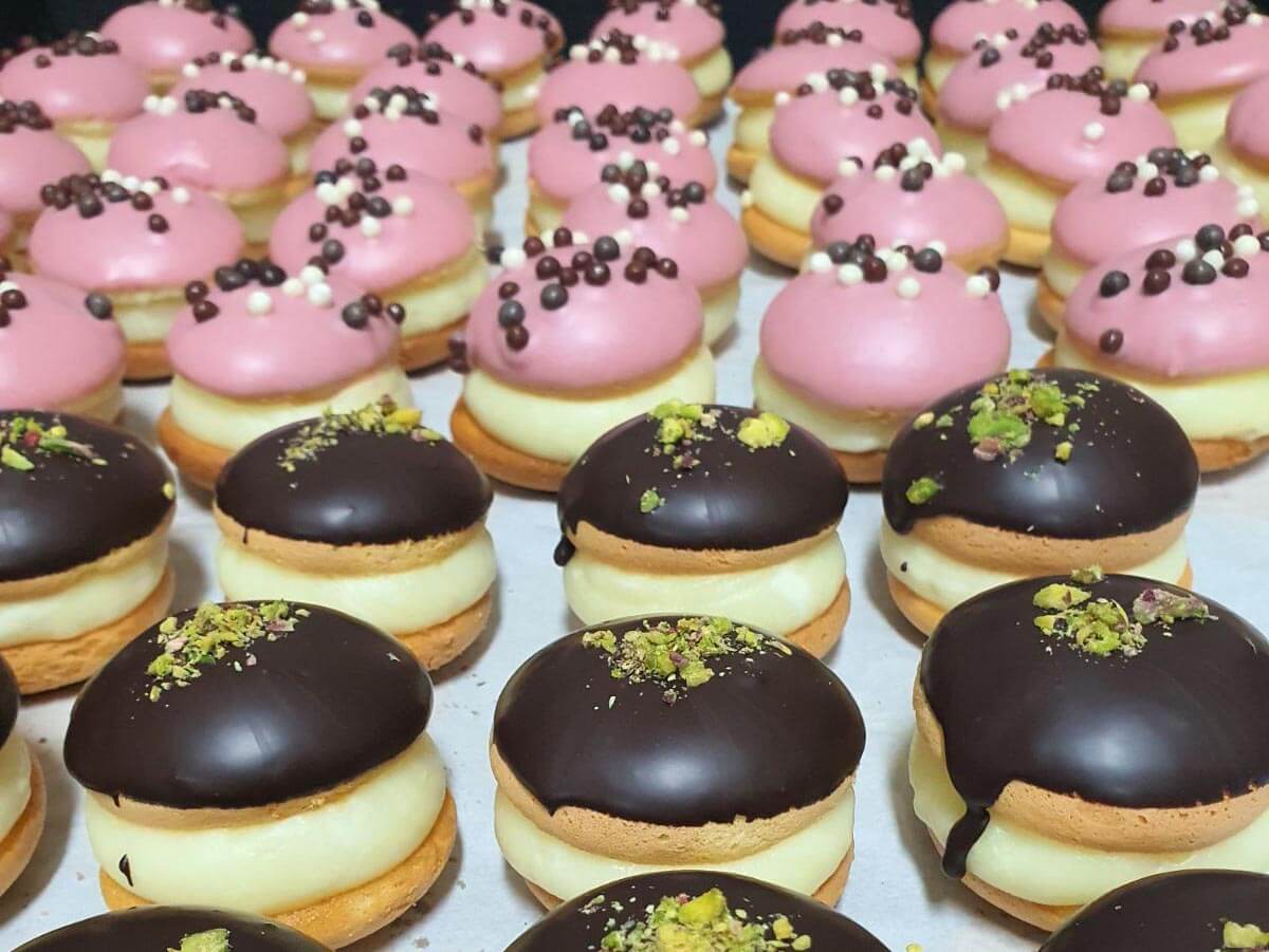 A beautiful display of fresh, traditional Greek sweets and modern pastries at Serano Patisserie in Lefkada Town.
