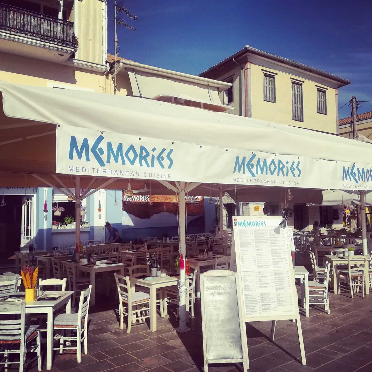 The stylish and inviting dining area of Memories Restaurant, located on the lively central square of Lefkada.